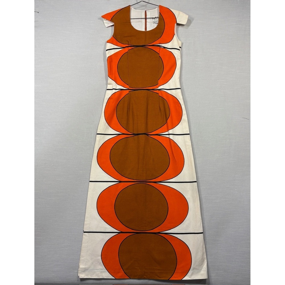 Vintage Rudholms Dress Womens 10 White Orange Brown Retro 60s Disco Hippie Mod